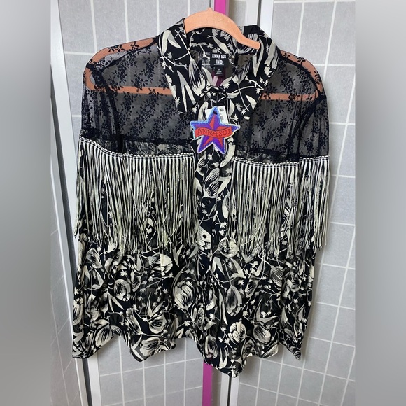 NWT ANNA SUI x INC International Concepts Black and Cream Floral Fringe Blouse - Picture 2 of 8